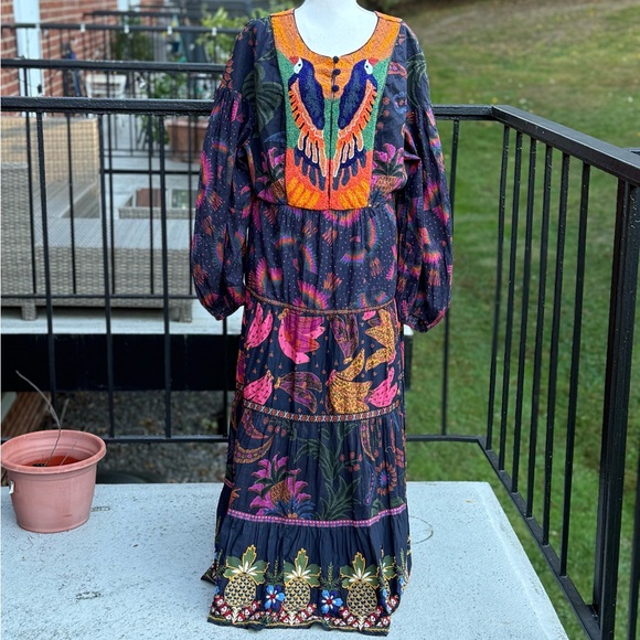 FARM Rio Dresses & Skirts - NWT Farm Rio mixed rainbow bird embroidered long sleeve dress Size XL